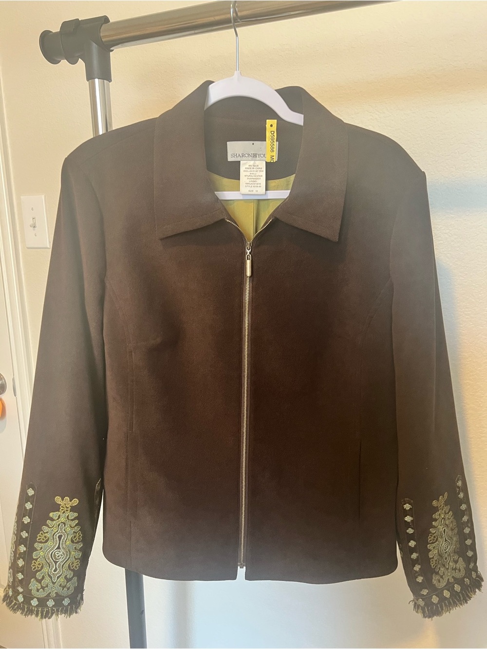 Sharon Young Brown Zip-Front Jacket with Green Embroidered Cuffs